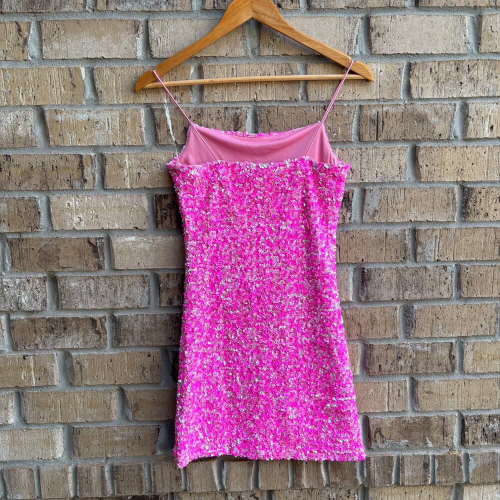 Allison & Kelly Hot Pink Sequin Mini Dress Bodycon Spaghetti Strap Party Small - Picture 3 of 12